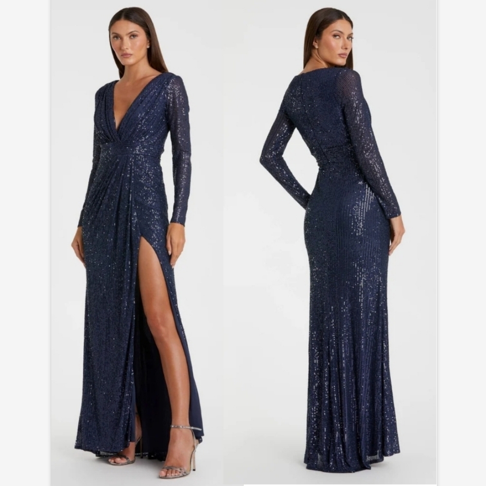 Ieena for Mac Duggal Blue Sequined Long Sleeve Gown 26490 SZ 16 NWT